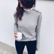 Load image into Gallery viewer, Lace Patchwork Ruffles O Neck Shoulder Buckle Elegant Pullover Autumn Winter Knit Sweater Women Grey White Casual Tops Female