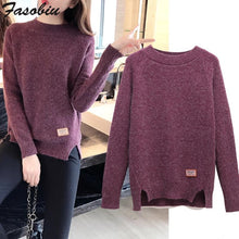 Load image into Gallery viewer, 2019 New Winter Round Neck Pullover Sweater Women Korean Long Sleeve Loose Thin Split Knitted Sweater Female Quality Jumper Tops